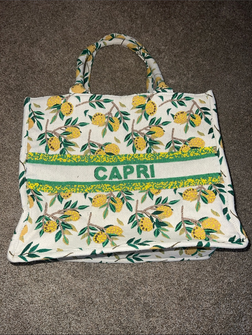 America and Beyond Capri Lemon Beaded Brocade Tote Bag
